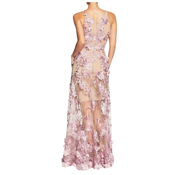 DRESS THE POPULATION Sidney Deep V-Neck 3D Lace Gown, Lilac/ Nude MEDIUM 1302 - Picture 2 of 9